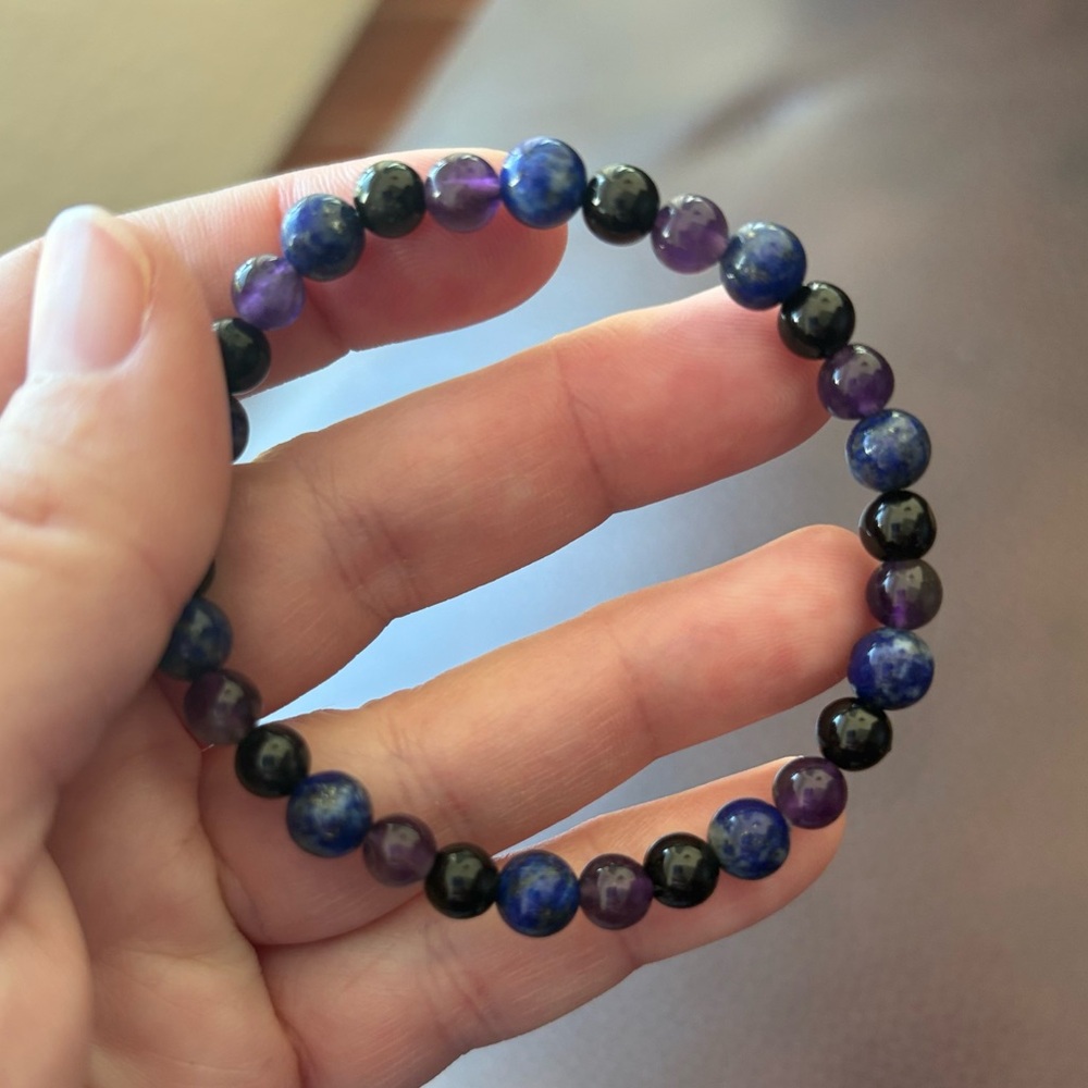 Lapis lazuli, amethyst, and black tourmaline stretch round crystal bracelet 8 in - Picture 2 of 2
